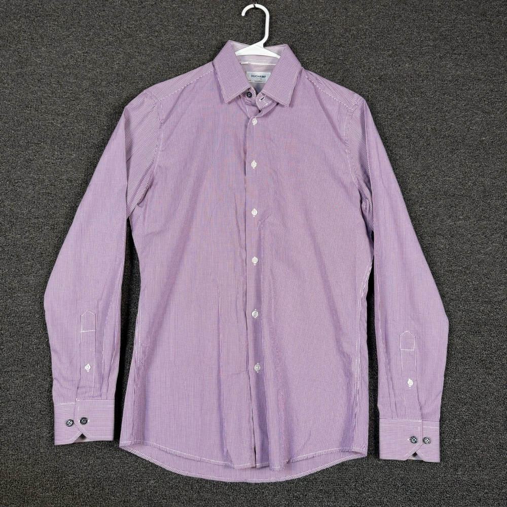 Duchamp London Mens Tailored Fit Gingham Dress Shirt Purple White 15 M 38